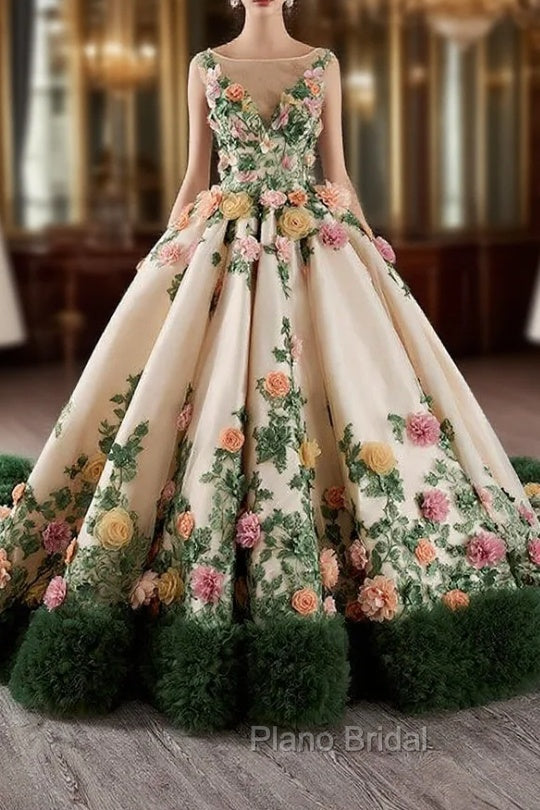 Champagne Green Tulle 3D Flower Formal Prom Dresses Main image