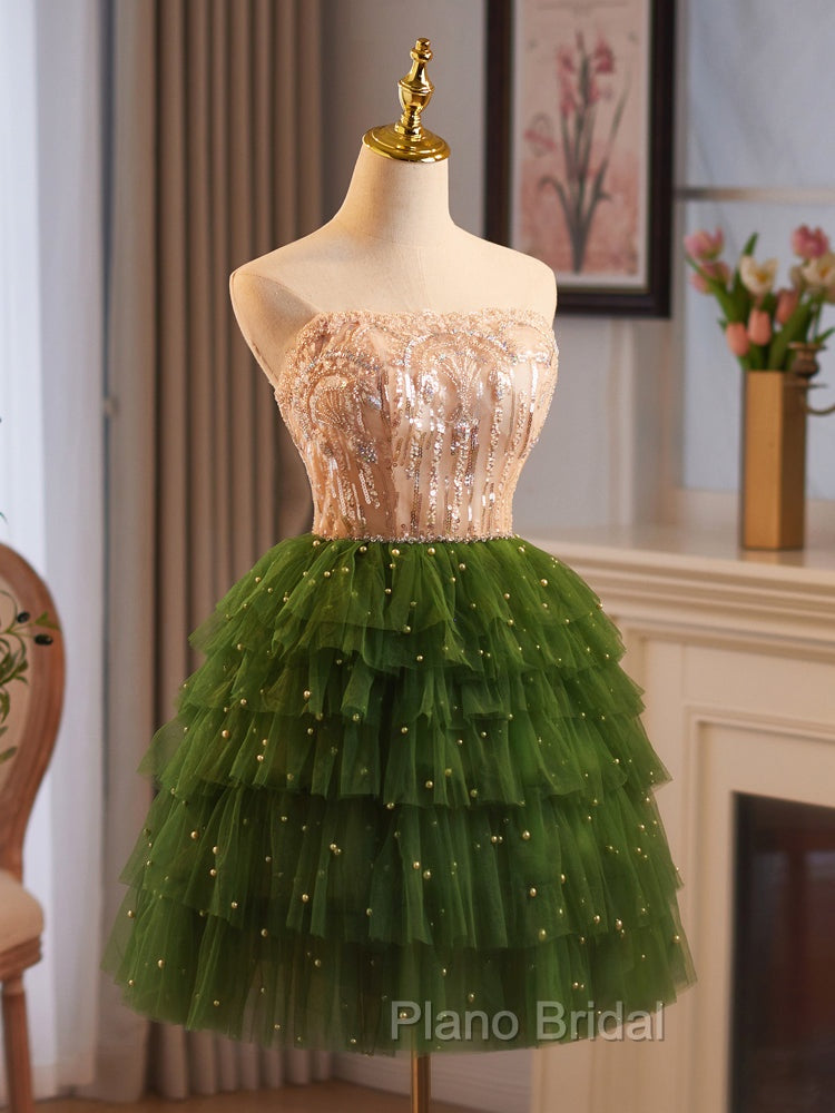 Champagne/Green Tulle Lace Short Formal Prom Dresses, Cute Homecoming Dresses Secondary image