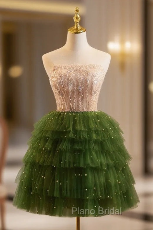 Champagne/Green Tulle Lace Short Formal Prom Dresses, Cute Homecoming Dresses