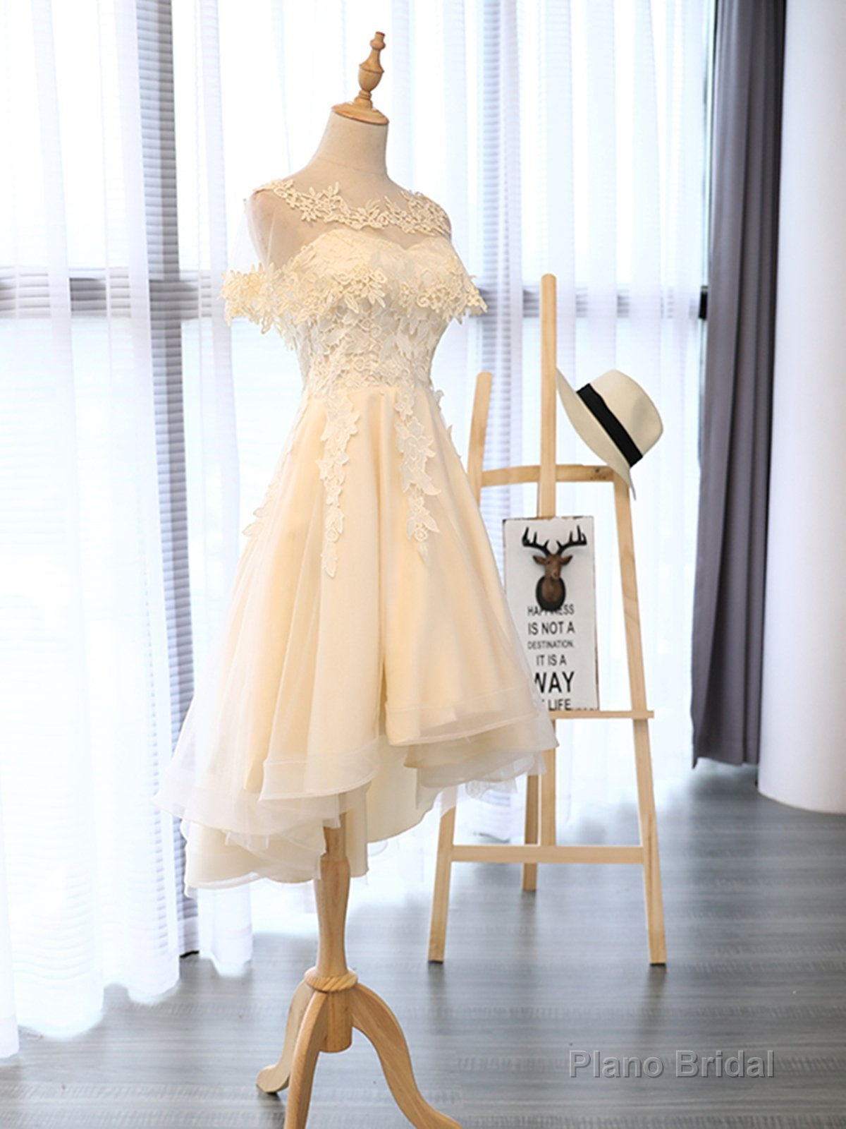 Champagne High Low Lace Prom Dresses, Champagne High Low Lace Formal Homecoming Dresses Main image