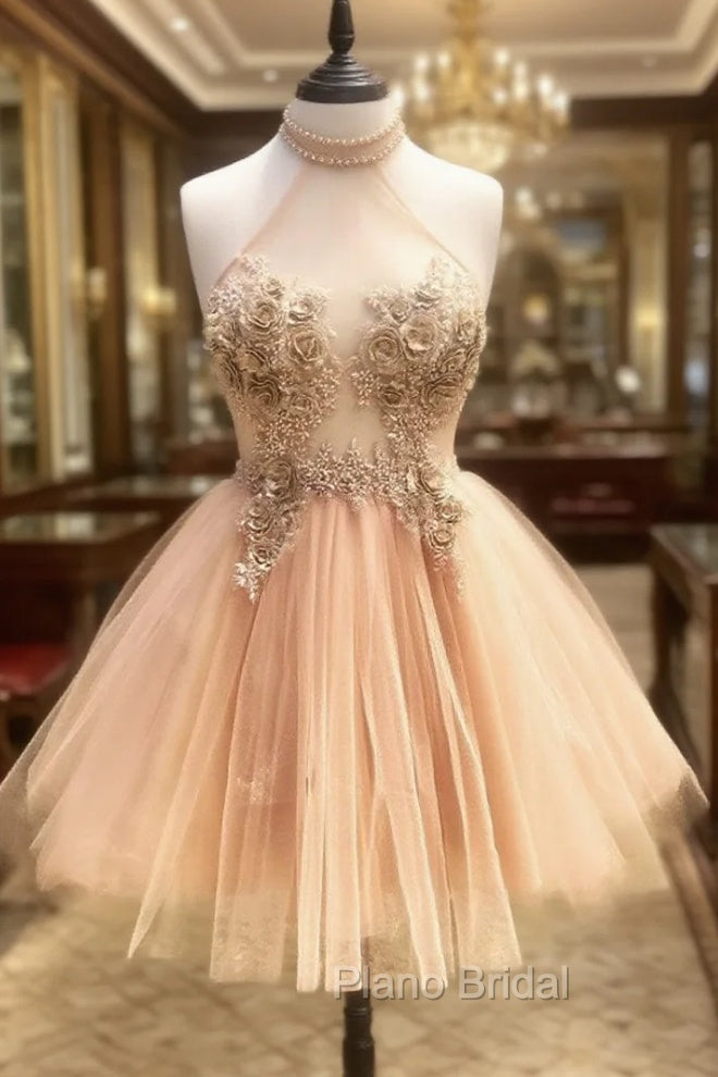 Champagne High Neck Tulle Lace Short Formal Prom Dresses Tulle Formal Dresses Main image