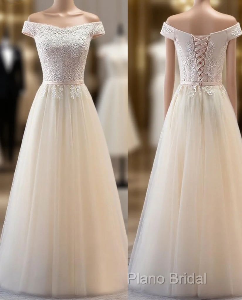 Champagne Lace Applique Off Shoulder Tulle Party Formal Prom Dresses