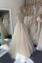 Champagne Lace Long A-Line Formal Prom Dresses, Strapless Evening Dresses