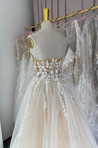 Champagne Lace Long A-Line Formal Prom Dresses, Strapless Evening Dresses