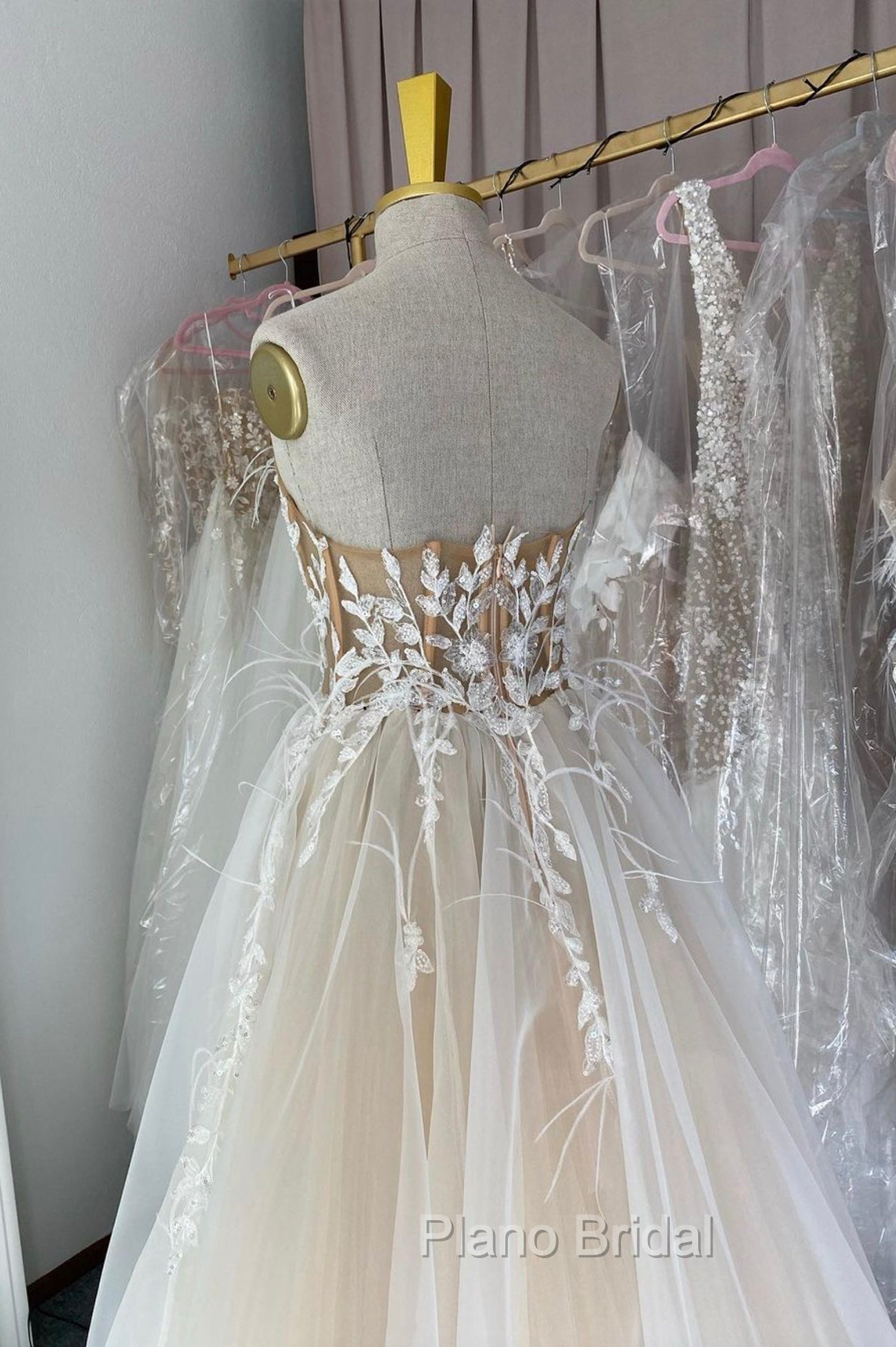 Champagne Lace Long A-Line Formal Prom Dresses, Strapless Evening Dresses