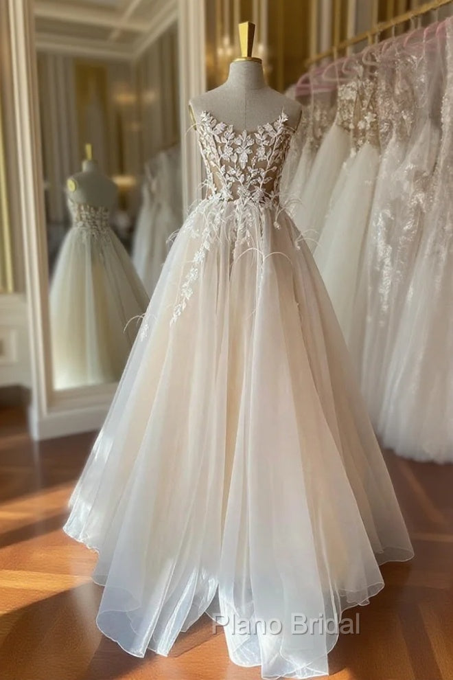 Champagne Lace Long A-Line Formal Prom Dresses, Strapless Evening Dresses