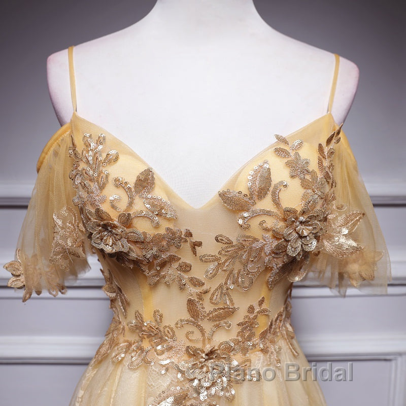 Champagne Lace Off Shoulder Long Party Dresses , Cute Tulle Formal Dresses Formal Prom Dresses Secondary image