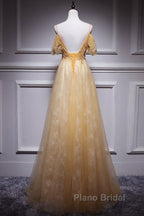 Champagne Lace Off Shoulder Long Party Dresses , Cute Tulle Formal Dresses Formal Prom Dresses