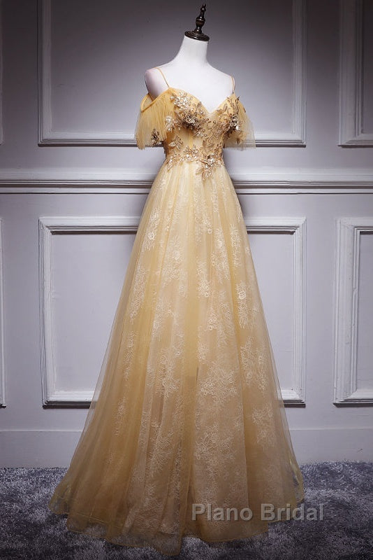 Champagne Lace Off Shoulder Long Party Dresses , Cute Tulle Formal Dresses Formal Prom Dresses