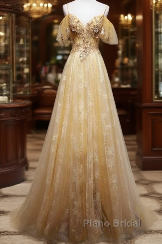 Champagne Lace Off Shoulder Long Party Dresses , Cute Tulle Formal Dresses Formal Prom Dresses