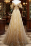 Champagne Lace Off Shoulder Long Party Dresses , Cute Tulle Formal Dresses Formal Prom Dresses