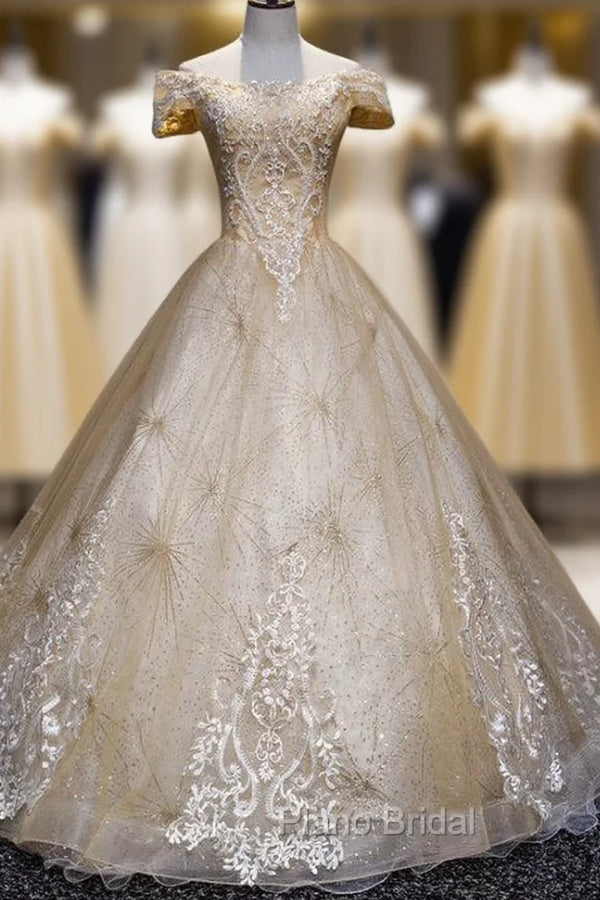 Champagne Lace Off Shoulder Party Dresses, Ball Gown Tulle Evening Dresses Formal Dresses Secondary image