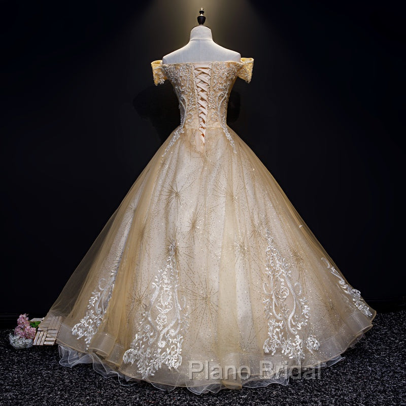 Champagne Lace Off Shoulder Party Dresses, Ball Gown Tulle Evening Dresses Formal Dresses
