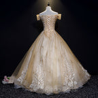 Champagne Lace Off Shoulder Party Dresses, Ball Gown Tulle Evening Dresses Formal Dresses