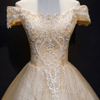 Champagne Lace Off Shoulder Party Dresses, Ball Gown Tulle Evening Dresses Formal Dresses