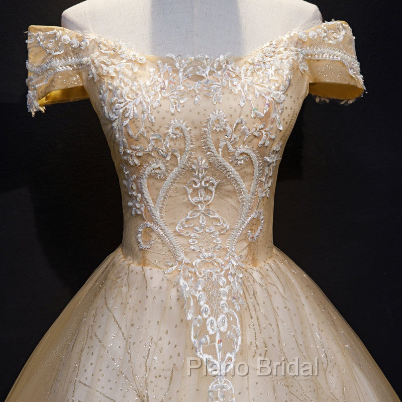 Champagne Lace Off Shoulder Party Dresses, Ball Gown Tulle Evening Dresses Formal Dresses