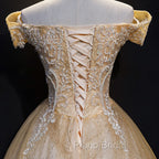 Champagne Lace Off Shoulder Party Dresses, Ball Gown Tulle Evening Dresses Formal Dresses