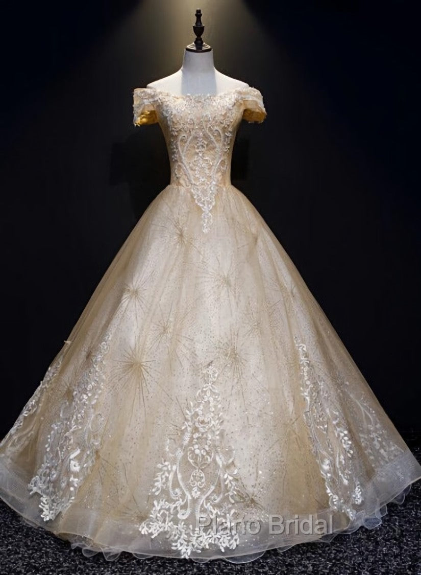 Champagne Lace Off Shoulder Party Dresses, Ball Gown Tulle Evening Dresses Formal Dresses Main image