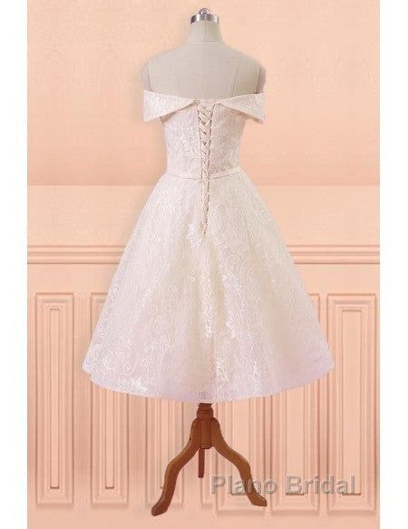 Champagne Lace Off Shoulder Tea Length Wedding Dresses With Sash