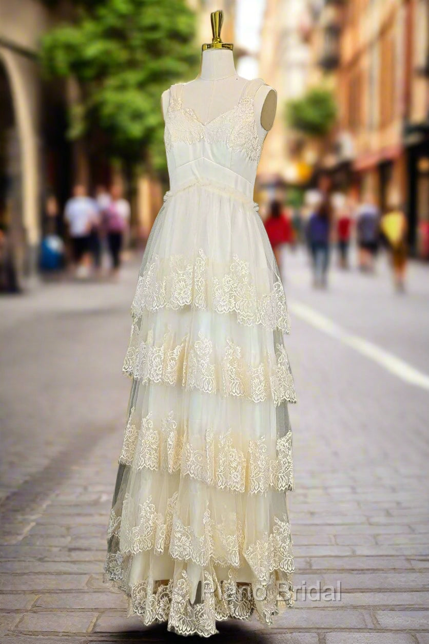 Champagne Lace Formal Prom Dresses A-line V-neck Elegant Evening Dresses Secondary image