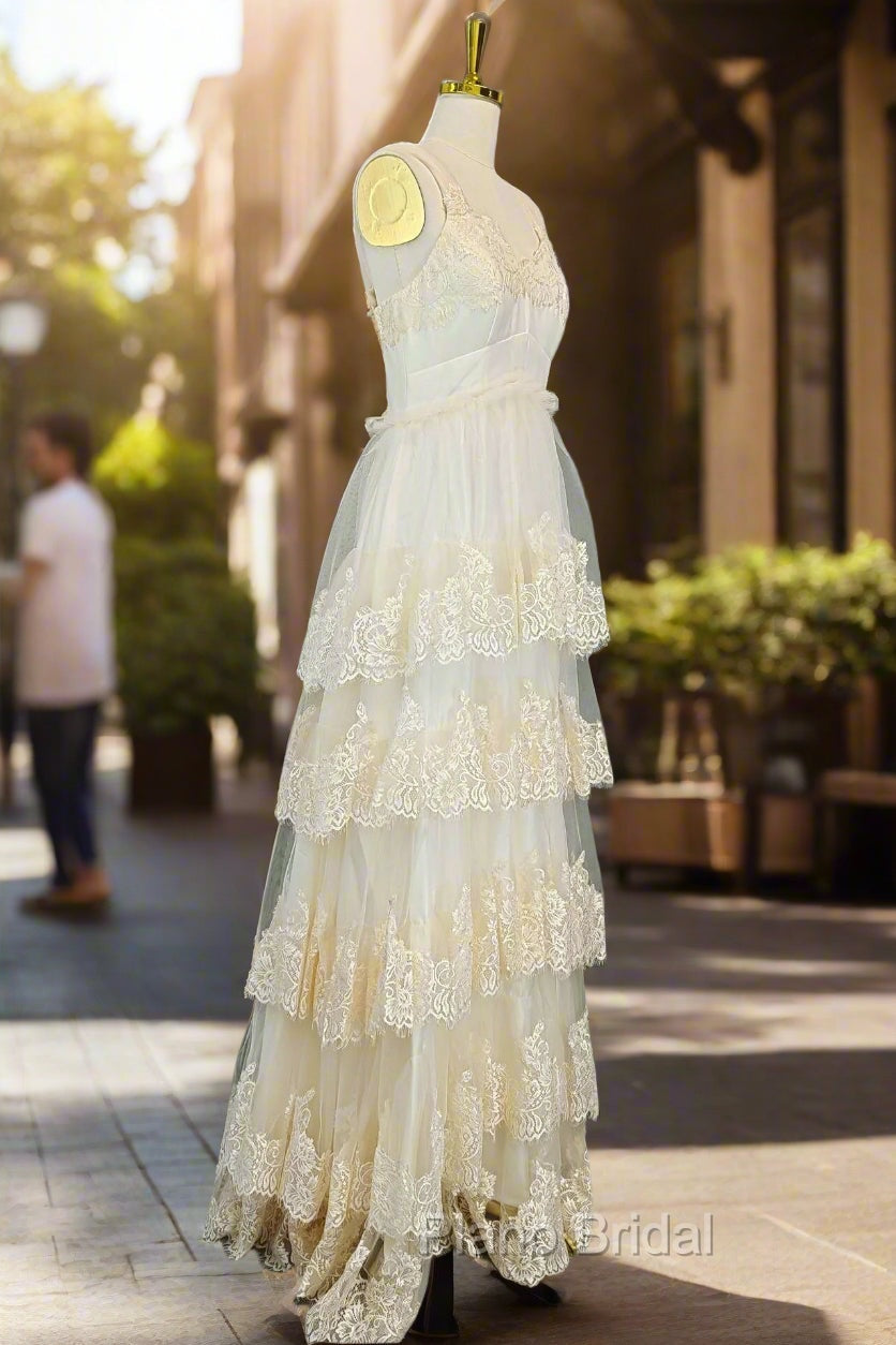 Champagne Lace Formal Prom Dresses A-line V-neck Elegant Evening Dresses