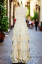 Champagne Lace Formal Prom Dresses A-line V-neck Elegant Evening Dresses