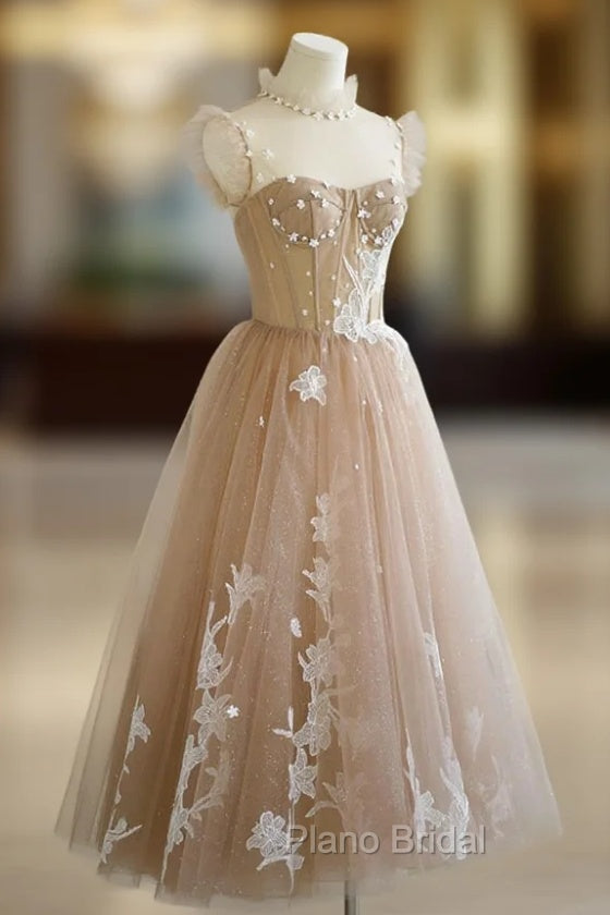 Champagne Lace Short A-Line Formal Prom Dresses, Cute Homecoming Party Dresses Main image