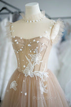 Champagne Lace Short A-Line Formal Prom Dresses, Cute Homecoming Party Dresses