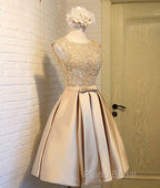 Champagne Lace Short Formal Prom Dresses, Cute Homecoming Dresses
