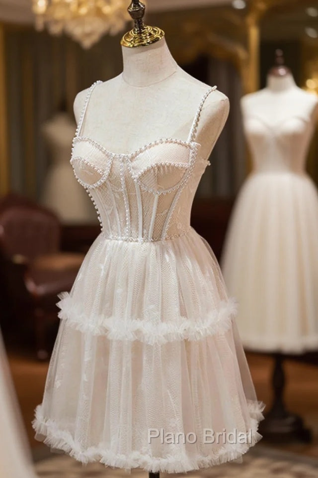 Champagne Lace Short Formal Prom Dresses, Spaghetti Straps Party Dresses with Pearl Secondary image