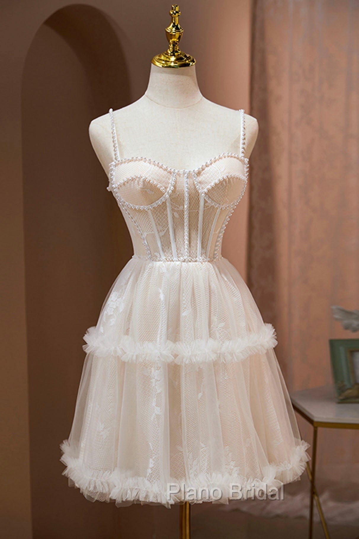 Champagne Lace Short Formal Prom Dresses, Spaghetti Straps Party Dresses with Pearl Main image