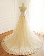 Champagne Long A-line Sweetheart Tulle Spaghetti Sweep Train Wedding Dress