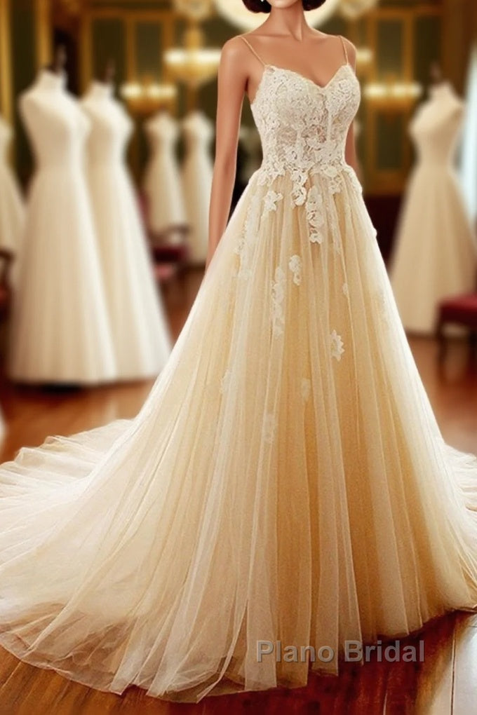 Champagne Long A-line Sweetheart Tulle Spaghetti Sweep Train Wedding Dress Main image
