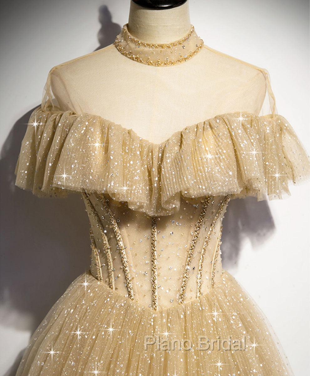 Champagne Long Formal Prom Dresses, Aline Champagne Graduation Dresses with Beading