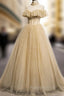 Champagne Long Formal Prom Dresses, Aline Champagne Graduation Dresses with Beading