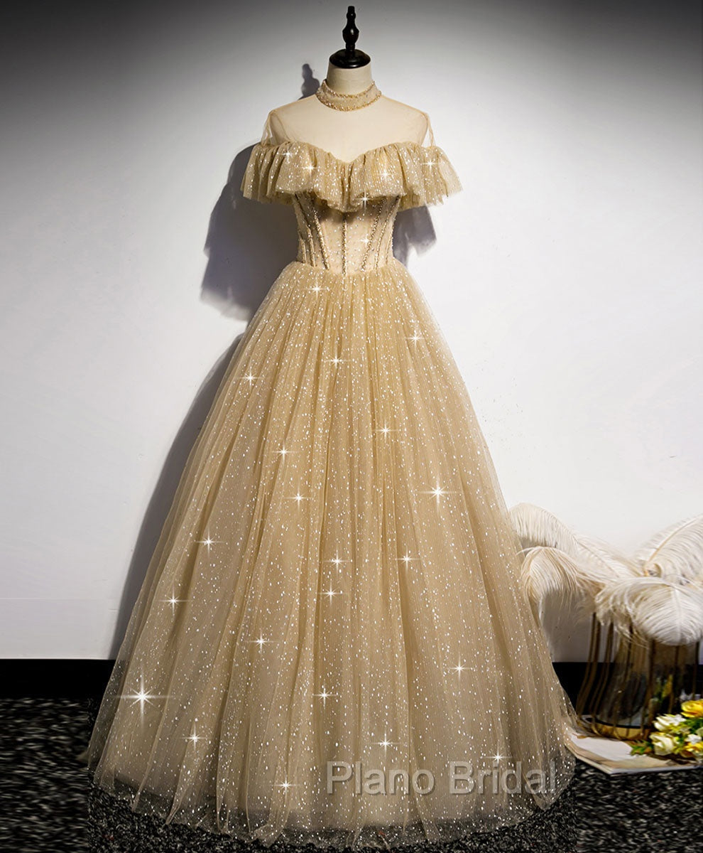 Champagne Long Formal Prom Dresses, Aline Champagne Graduation Dresses with Beading Main image