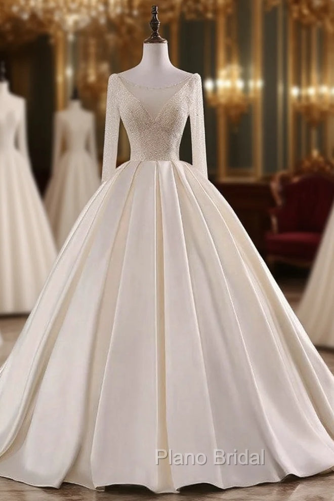 Champagne Long Sleeve Backless Satin Beading Wedding Dresses Main image