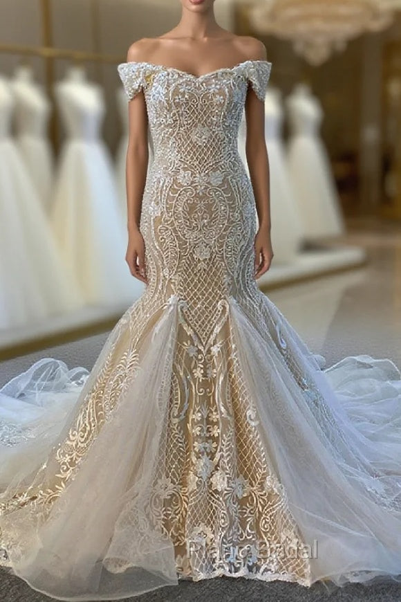 Champagne Mermaid Appliques Beading Wedding Dresses Main image