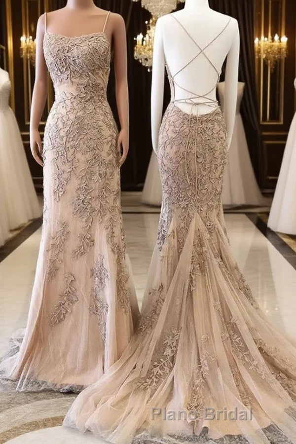 Champagne Mermaid Backless Lace Appliques Long Formal Prom Dresses, Champagne Lace Formal Dresses, Champagne Graduation Evening Dresses
