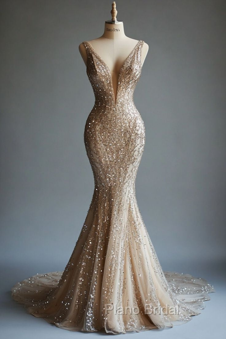 Champagne Mermaid Deep V Neck Tulle Sequin Beaded Long Formal Prom Dresses Sexy Evening Dresses