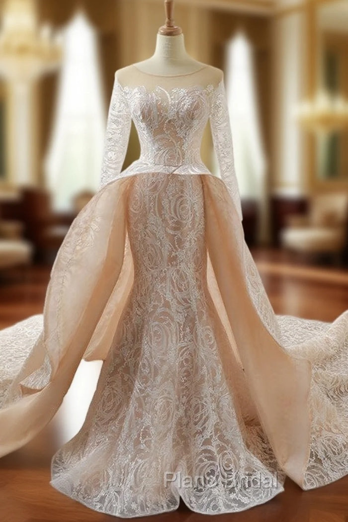 Champagne Mermaid Lace Long Sleeve Backless Train Wedding Dresses Main image