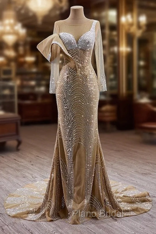 Champagne Mermaid Long Sleeve Beading Formal Prom Dresses Main image