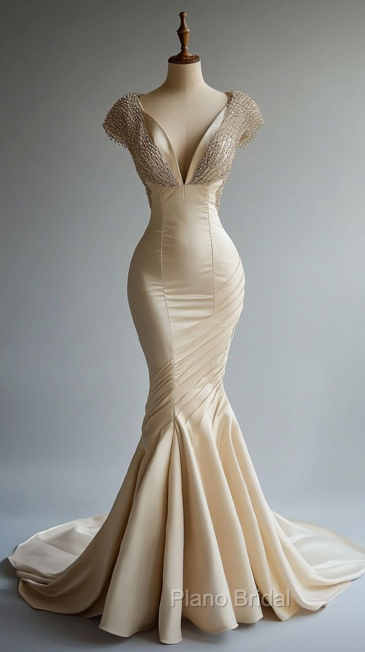 Champagne Mermaid Satin Beaded V-Neck Long Ball Dresses, Elegant Evening Dresses