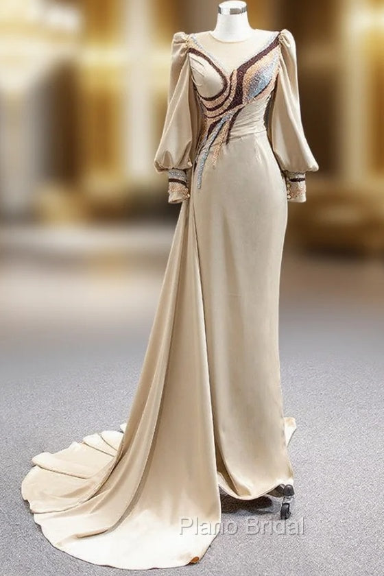 Champagne Mermaid Satin Long Sleeve Beading Formal Prom Dresses Main image