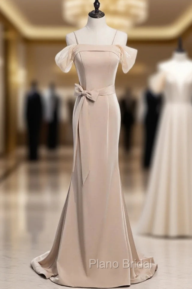 Champagne Mermaid Satin Spagehtti Straps Formal Prom Dresses With Sash Main image