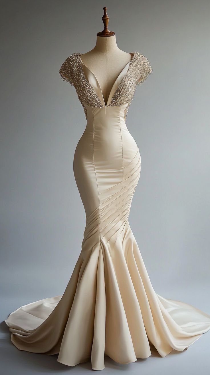 Champagne Mermaid Satin Beaded V-Neck Long Ball Dresses, Elegant Formal Evening Dresses Main image