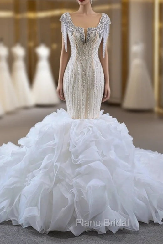Champagne Mermaid Sequins Beading Crystal Wedding Dresses
