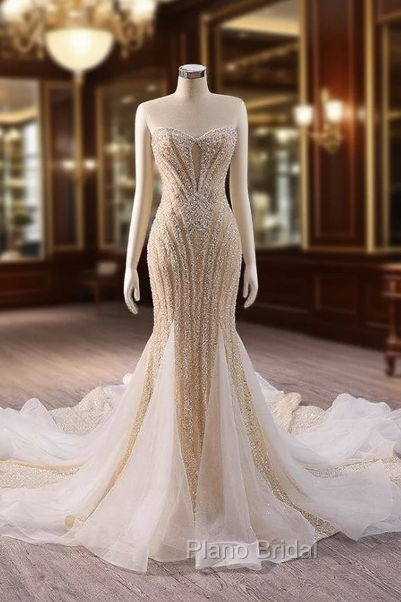 Champagne Mermaid Sequins Beading Formal Prom Dresses Main image