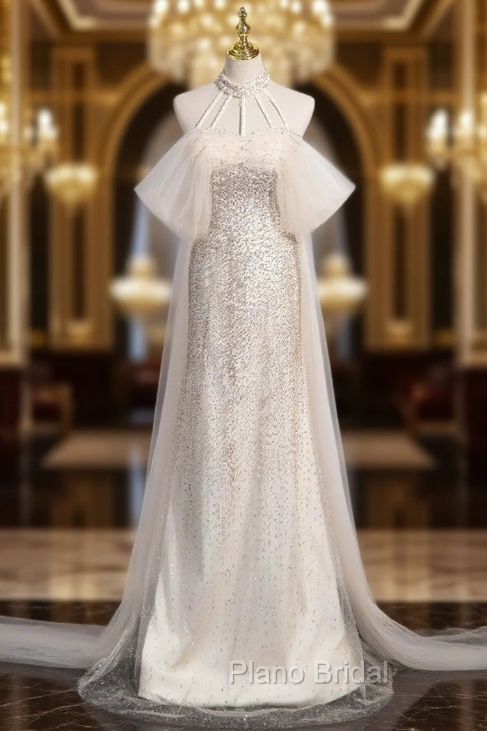 Champagne Mermaid Sequins Halter Formal Prom Dresses Main image