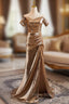 Champagne Mermaid Sequins Pleats Off the Shoulder Formal Prom Dresses